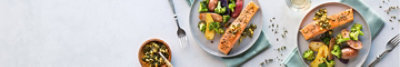 Thyme-Roasted Salmon with Fingerling Potatoes, Broccoli, and Caper Vinaigrette