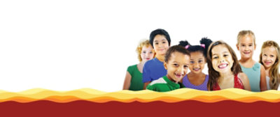 seven children smiling on a white background