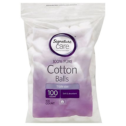 Signature Care Cotton Balls 100% Pure Soft & Absorbent Triple Size - 100 Count - Image 1