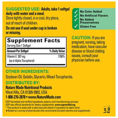 Nature Made Dietary Supplement Softgels Vitamin E 400 IU dl-Alpha - 100 Count - Image 4