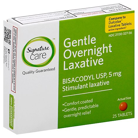 Signature Care Gentle Overnight Laxative Bisacodyl USP 5mg Tablet - 25 Count