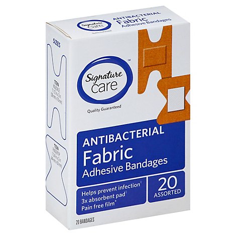 Signature Care Adhesive Bandages Fabric Antibacterial Assorted - 20 count