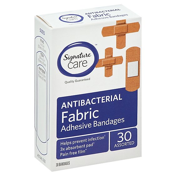 Signature Care Adhesive Bandages Fabric Antibacterial Assorted - 30 Count