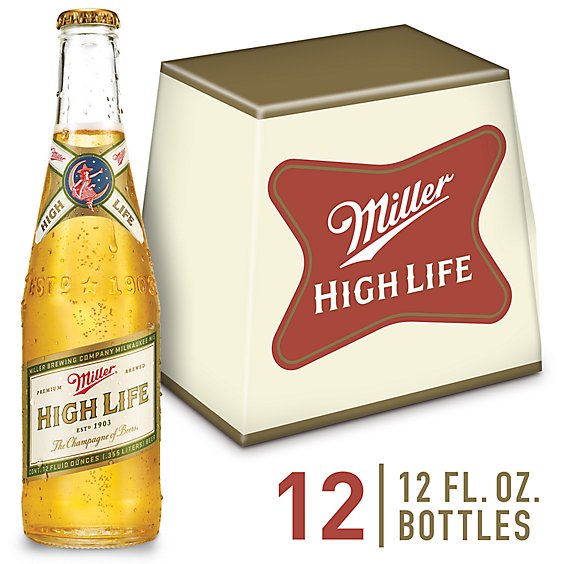 Miller High Life Beer American Style Lager 4.6% ABV Bottles - 12-12 Fl. Oz.