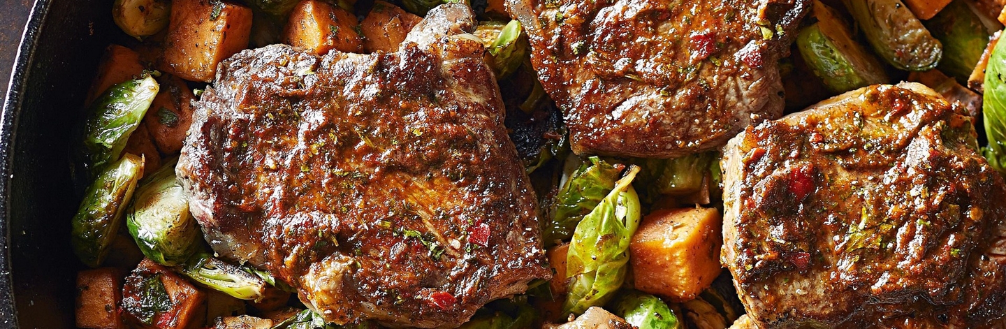 Strip Steaks with Smoky Cilantro Sauce & Roasted Vegetables