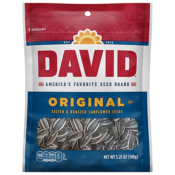 DAVID Seeds Original Salted And Roasted Sunflower Seeds Keto Friendly Snack Bag - 5.25 Oz