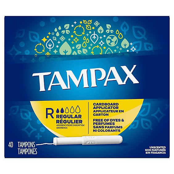 Tampax Cardboard Tampons Regular Absorbency Anti Slip Grip LeakGuard Skirt Unscented - 40 Count