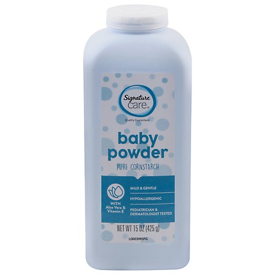 Signature Care Baby Powder Pure Cornstarch Mild & Gentle Aloe Vera & Vitamin E - 15 Oz