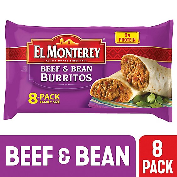 El Monterey Beef & Bean Burritos Family Size 8 Count - 32 Oz