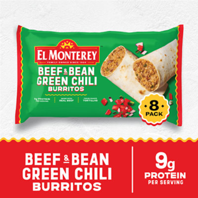 El Monterey Beef & Bean Green Chili Frozen Burritos 8 Count - 32 Oz