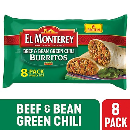 El Monterey Beef & Bean Green Chili Frozen Burritos 8 Count - 32 Oz - Image 1