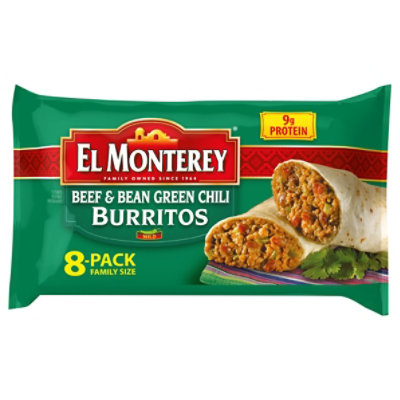 El Monterey Beef & Bean Green Chili Burritos Family Size 8 Count - 32 Oz