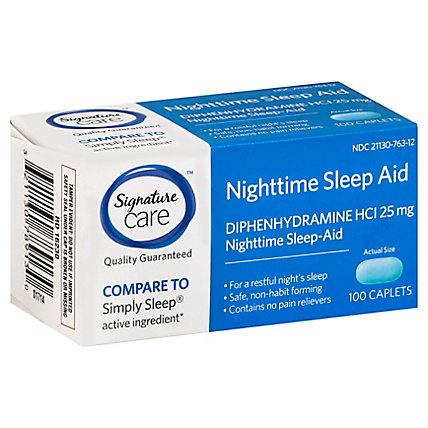 Signature Care Nighttime Sleep Aid Diphenhydramine HCl 25mg Caplet - 100 Count - Image 1