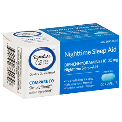 Signature Select/Care Nighttime Sleep Aid Diphenhydramine HCl 25mg Caplet - 100 Count - Image 1