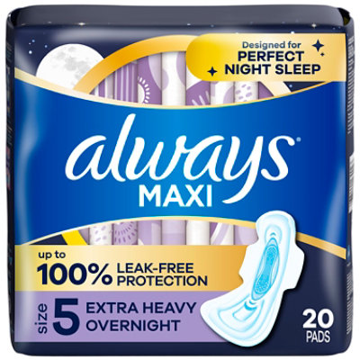 Always Maxi Extra Heavy Overnight Absorbency Size 5 Unscented Pads with Wings - 20 Count - Image 1