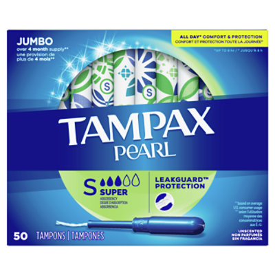 Tampax Pearl Tampons Super Absorbency Jumbo Unscented - 50 Count