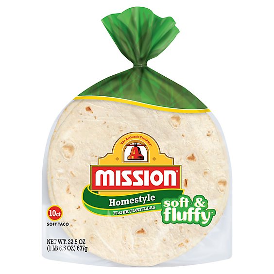 Mission Tortillas Flour Homestyle Soft & Fluffy Bag 10 Count - 22.5 Oz