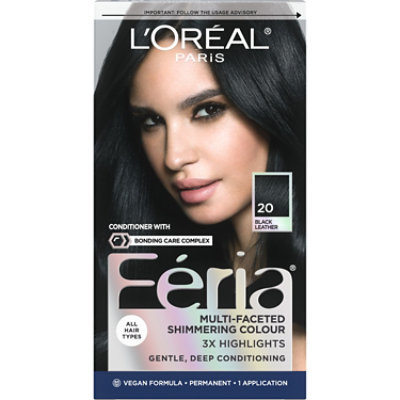 L'Oreal Paris Feria Shimmering Permanent Hair Color 20 Black Leather (Natural Black) Kit - Each
