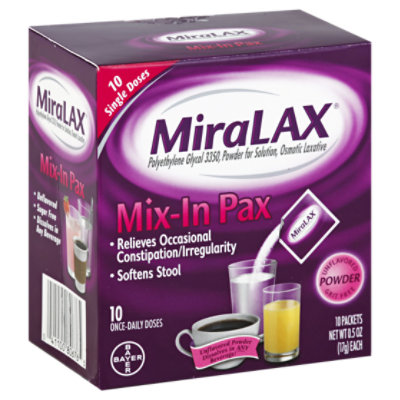 MiraLAX Powder For Constipation Relief 10 Dose Mix-In Pax 10 Count - 0.5 Oz - Image 1