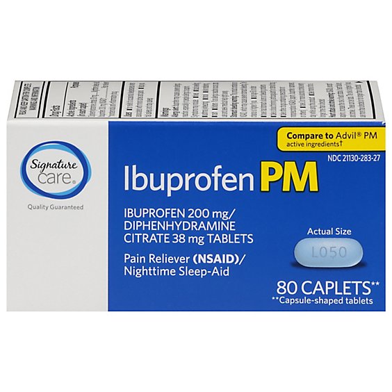 Signature Care Ibuprofen Pain Reliever PM 200mg NSAID Sleep Aid Caplet Blue - 80 Count