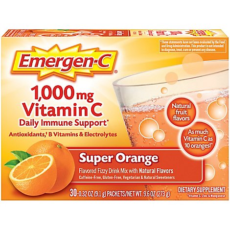 Emergen-C Super Orange Dietary Supplement Fizzy Drink Mix with 1000mg Vitamin C - 30-0.32 Oz.