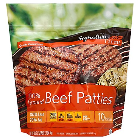 Signature Farms 100% Ground Beef Hamburger Patties 80% Lean 20% Fat 10 Count - 40 Oz.