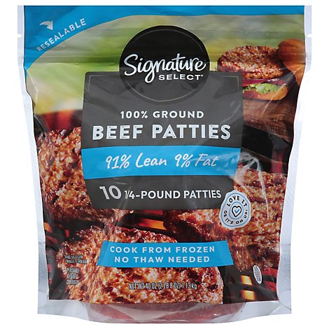 Signature Farms 100% Ground Beef Patties 91% Lean 9% Fat 10 Count - 40 Oz.