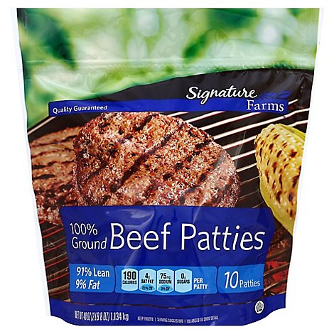 Signature Farms 100% Ground Beef Patties 91% Lean 9% Fat 10 Count - 40 Oz.