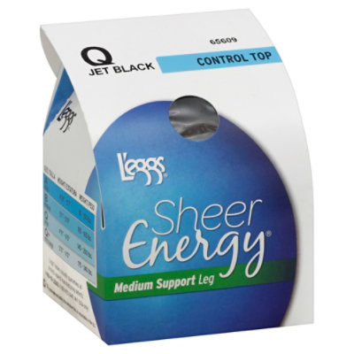 Leggs Sheer Energy Tights, Sheer, 360 Degree Medium Support Leg, Control  Top, Q+, Jet Black, Clothing