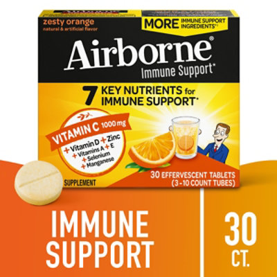 Airborne Immune Support Supplement Effervescent Tablet 1000mg Vitamin C Zesty Orange - 30 Count - Image 1