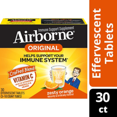 Airborne Immune Support Supplement Effervescent Tablet 1000mg Vitamin C Zesty Orange - 30 Count