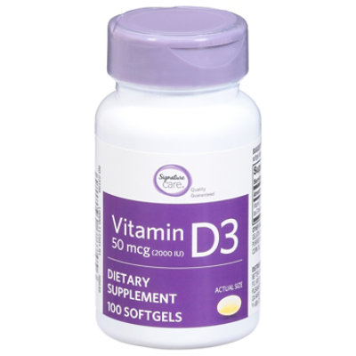 Signature Care Vitamin D3 50mcg Dietary Supplement Softgels - 100 Count