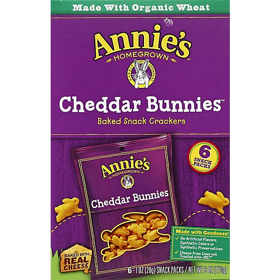 Annies Homegrown Baked Snack Organic Cheddar Bunnies Crackers Pack Box - 6-1 Oz