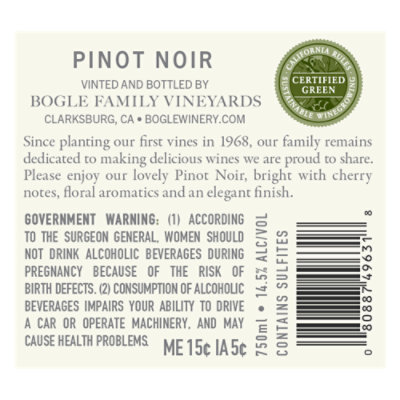 Bogle Vineyards Wine Pinot Noir California - 750 Ml - Image 5