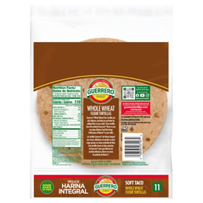 Guerrero Tortillas Flour Soft Taco Whole Wheat De Harina Integral Bag 11 Count - 16 Oz - Image 2