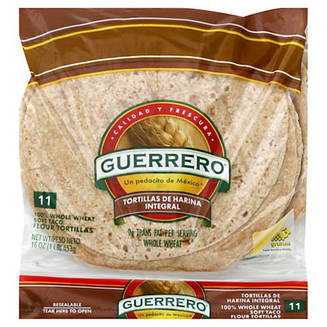 Guerrero Tortillas Flour Soft Taco Whole Wheat De Harina Integral Bag 11 Count - 16 Oz