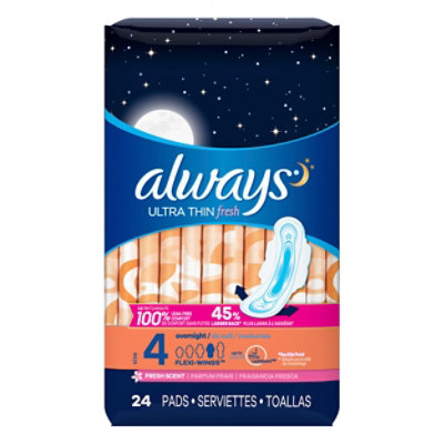 Always Ultra Thin Pads Overnight With Wings Size 4 Fresh Scent - 24 Count