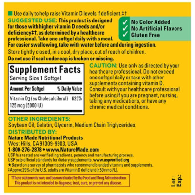 Nature Made Extra Strength Vitamin D3 5000 IU 125 mcg Softgels - 90 Count - Image 4