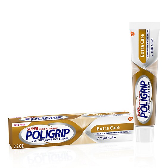 Super Poligrip Denture Adhesive Cream Ooze-Control Tip Super Strong Extra Care - 2.2 Oz