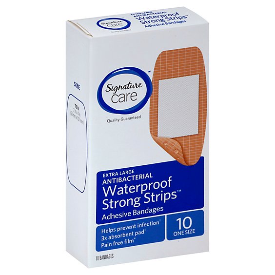 Signature Care Adhesive Bandages Strong Strips Waterproof Antibacterial Extra Large - 10 Count
