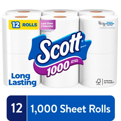 Scott 1000 Toilet Paper Regular Rolls 1 Ply Toilet Tissue - 12 Roll