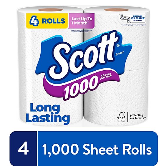 Scott 1000 Sheets Per Roll Toilet Paper - 4 Roll