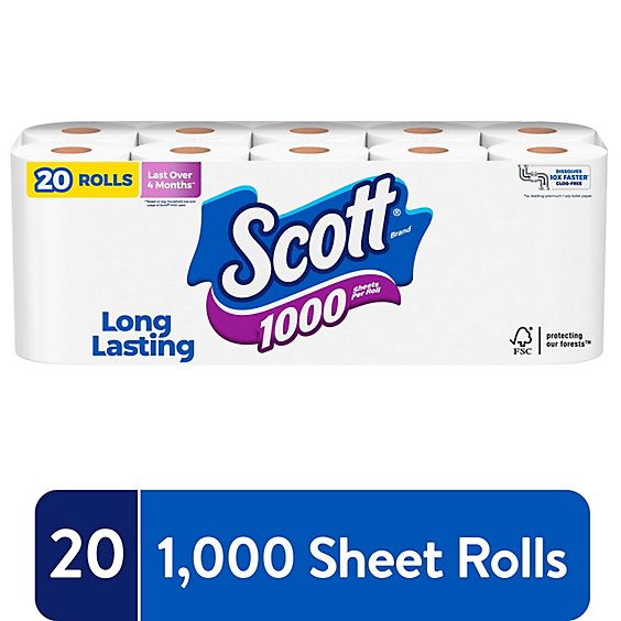 Scott 1000 Toilet Paper Regular Rolls 1 Ply Toilet Tissue - 20 Roll