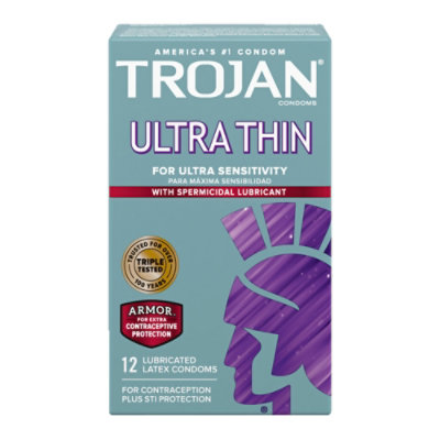 Trojan Condom Sensitivity Ultra Thin Spermicidal - 12 Count - Image 1