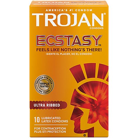 Trojan Ecstacy Condoms Premium Latex Ultra Ribbed Ultrasmooth Lubricant - 10 Count