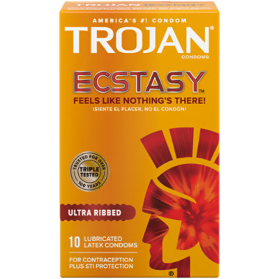 Trojan Ecstacy Condoms Premium Latex Ultra Ribbed Ultrasmooth Lubricant - 10 Count