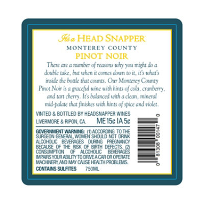 Headsnapper Wine Sonoma Coast Pinot Noir - 750 Ml - Image 2