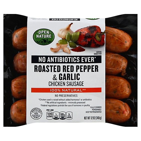 Open Nature Sausage Chicken Roasted Red Pepper & Garlic - 12 Oz