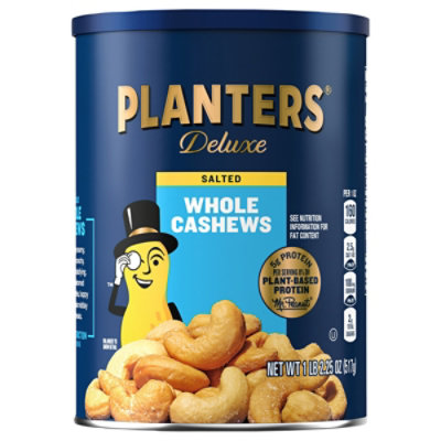 PLANTERS Deluxe Salted Whole Cashews, Party Snacks, Plant Based Protein, 18.25 oz Steel Can