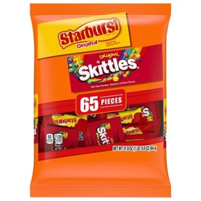 Mars Wrigley Skittles and Starburst Original Assorted Fun Size Candy Bag 65 Count - 31.9 Oz